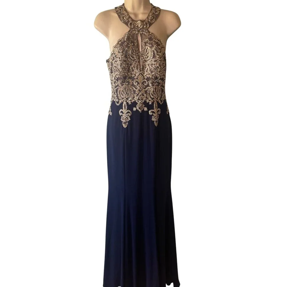 Xscape Crystal‎ Embroidered Racerback Gown in Blue/Gold Size 6 Prom Formal